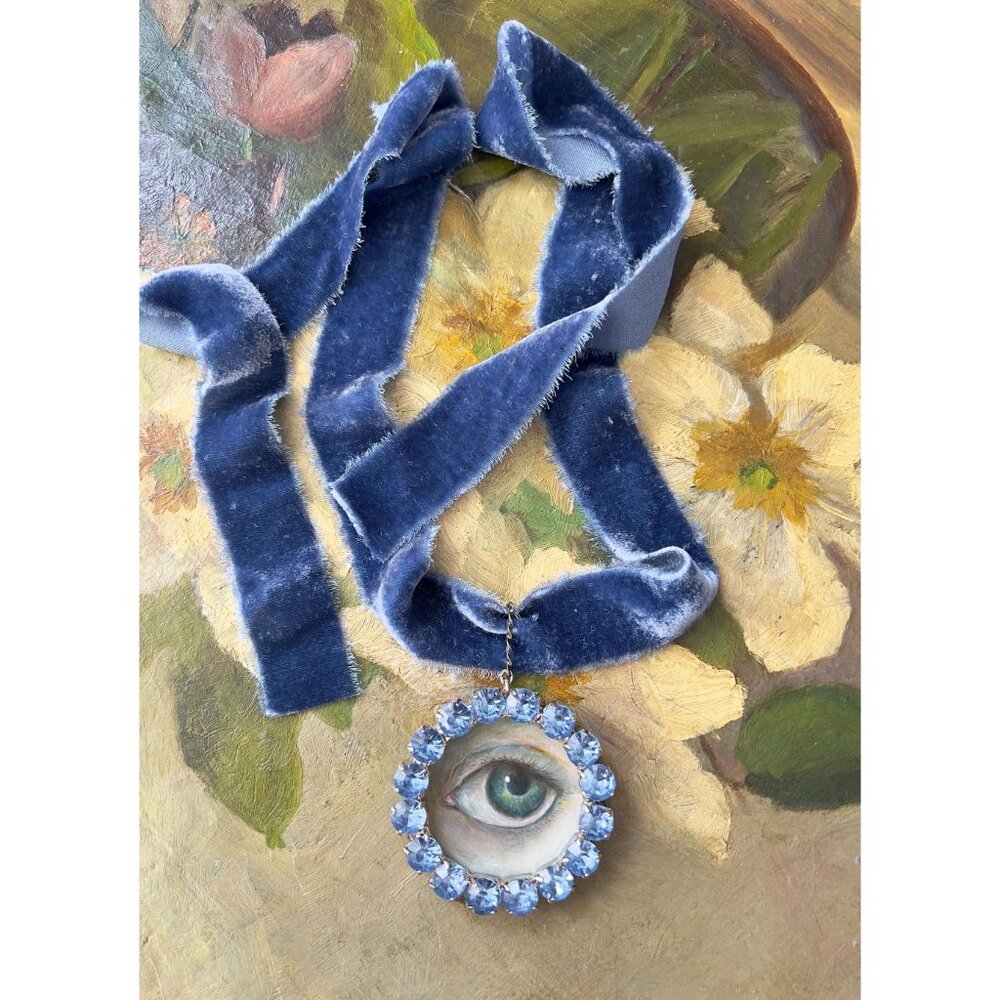 Lovers Eye Hand Painted Rhinestone Pendant with a Blue Victorian Velvet Ribbon